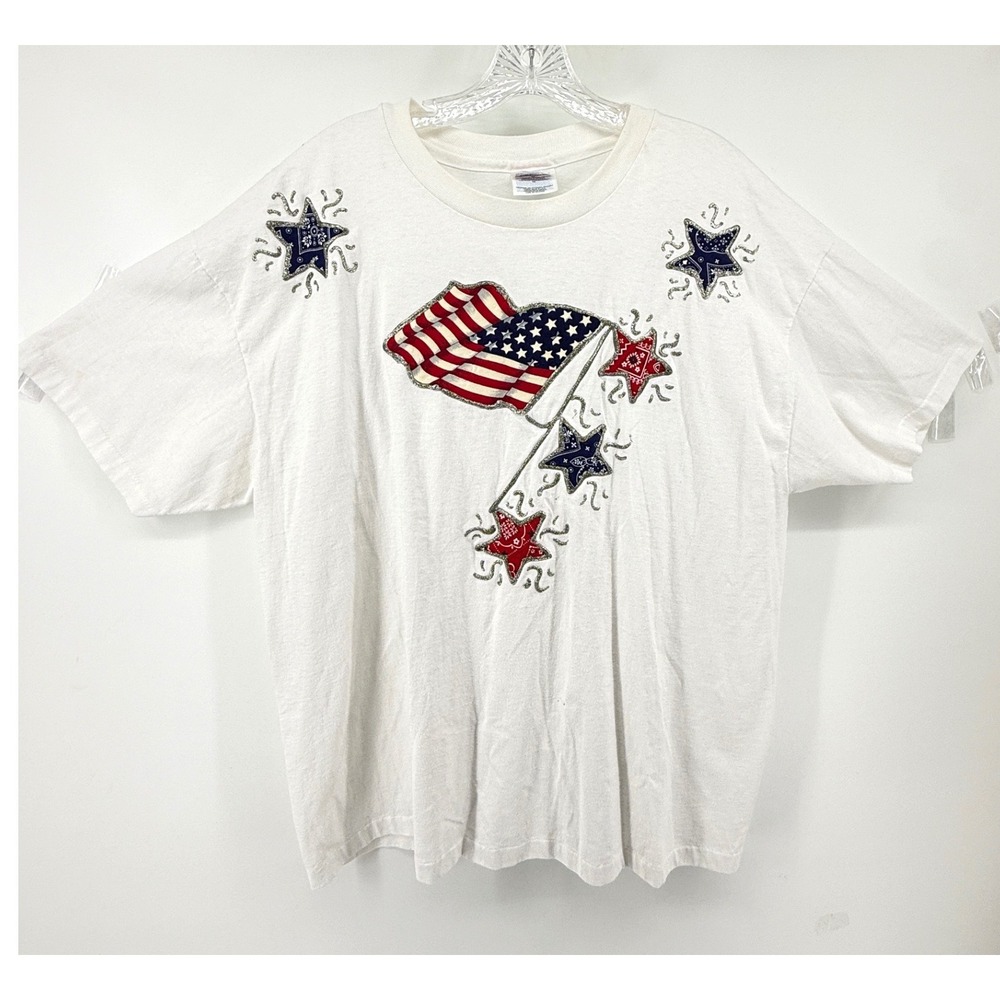 Vintage Hanes Heavyweight T-Shirt XL White American Flag Stars Glitter Americana